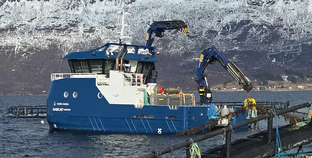 Blå båt med fjell i bakgrunn